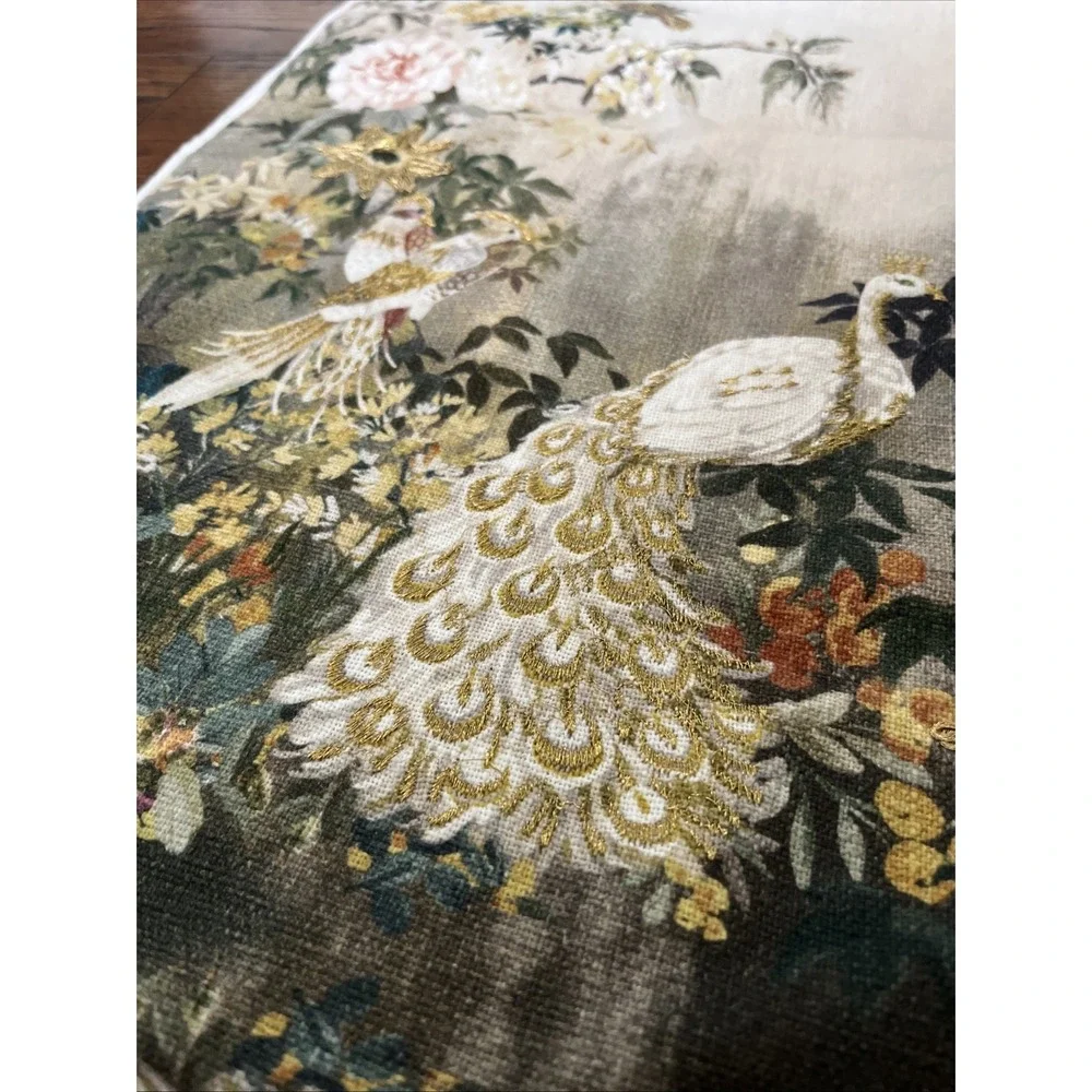 anatara Print Gold Embroidered table runner Floral Birds white peacocks 16 X 80
